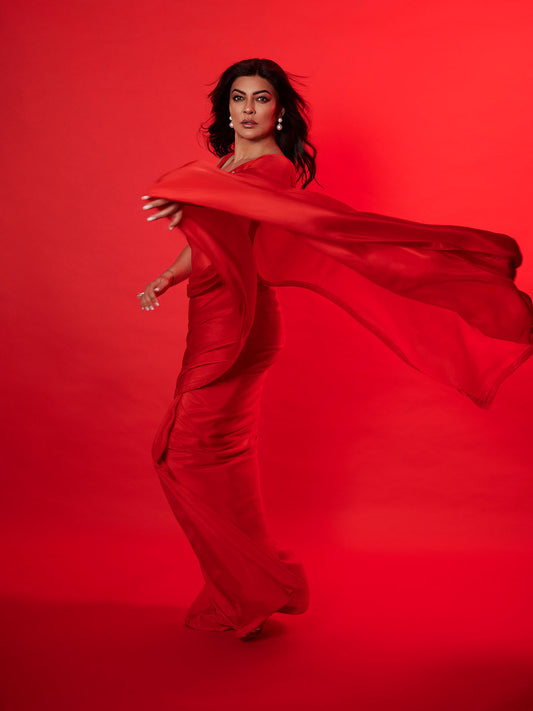 Sushmita Sen in Handwoven Ruby Red Silk Saree