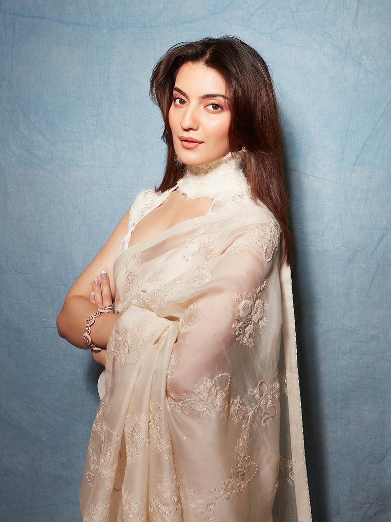 Pratibha Ranta in Handwoven Ecru Organza Embroidered Saree