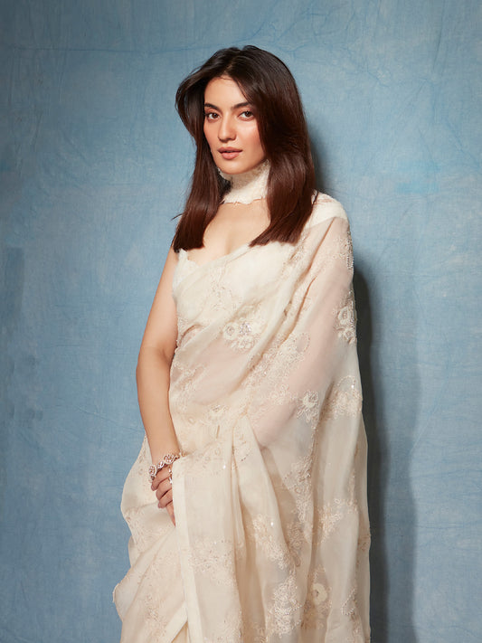 Pratibha Ranta in Handwoven Ecru Organza Embroidered Saree
