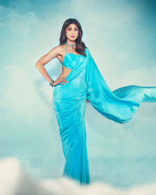Shilpa Shetty in Handwoven Turquoise Blue Silk Saree