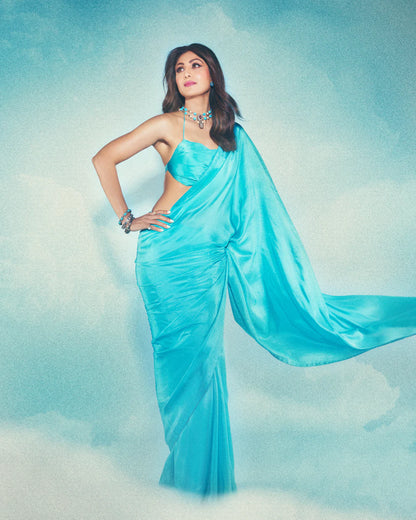 Shilpa Shetty In Handwoven Turquoise Blue Silk Saree