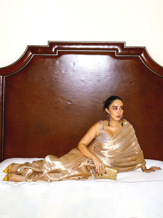 Sanjana Batra in Nivi Handwoven Pre-draped Saree