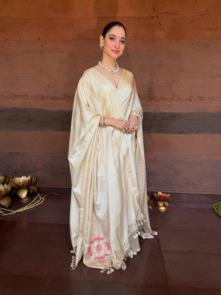 Tamannaah Bhatia in Handwoven Buff Beige Mashroo Silk Saree