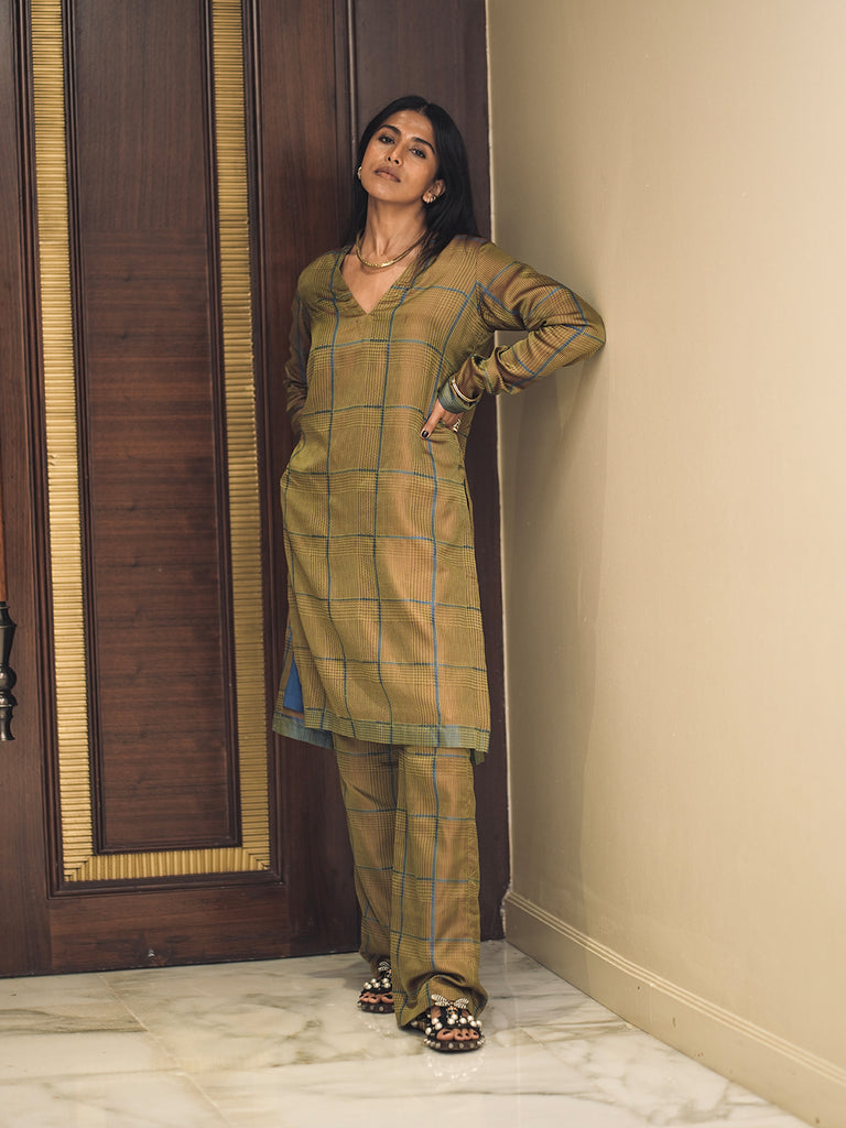 Brown Chessboard Kurta Set