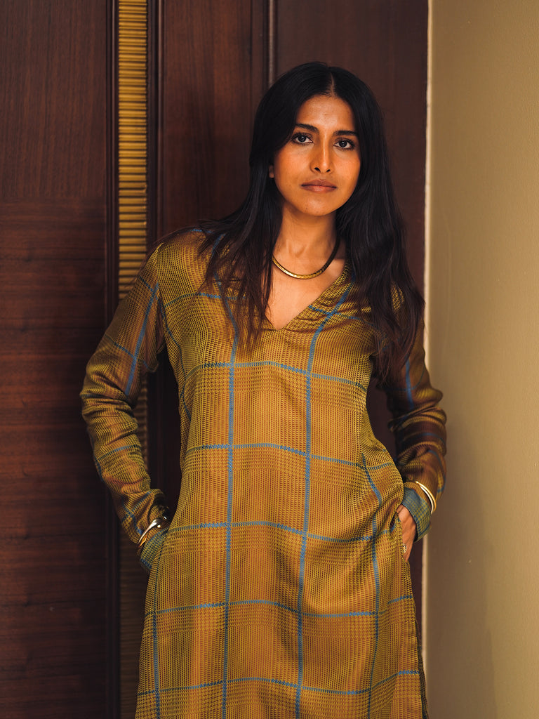 Brown Chessboard Kurta Set