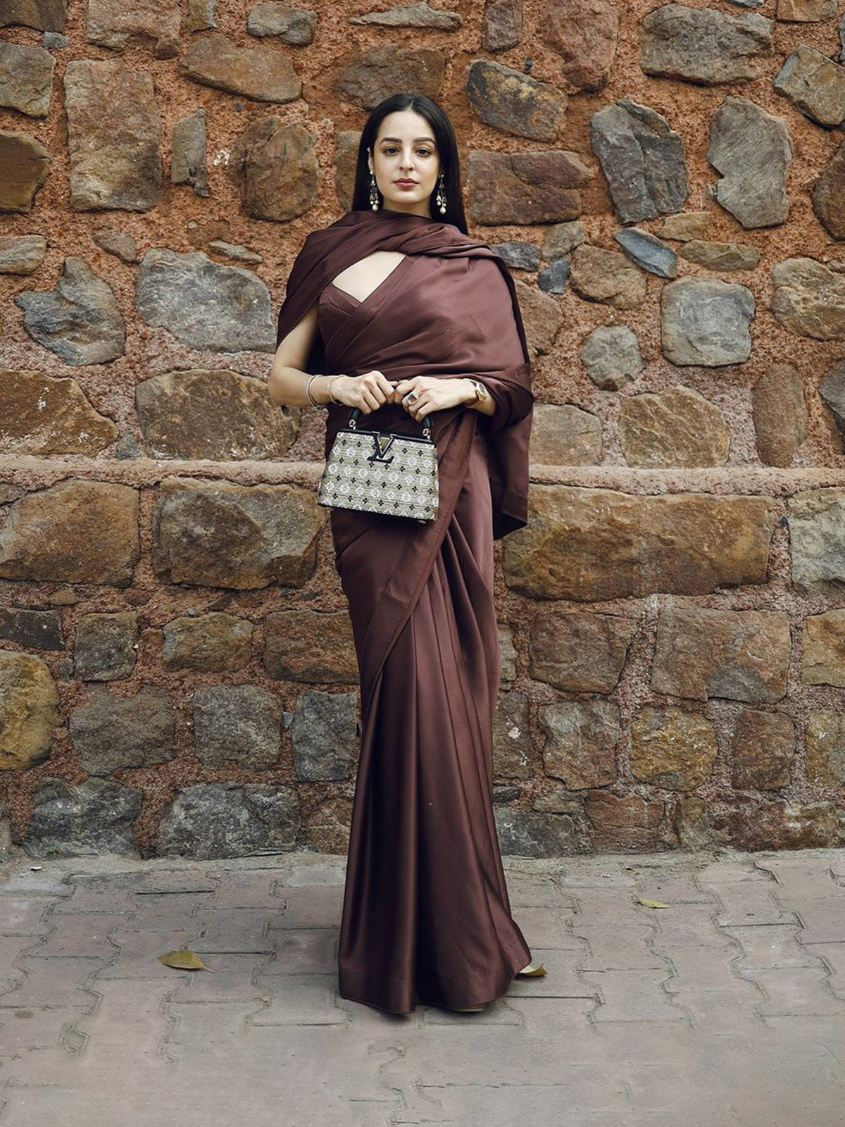 Tarini Manchanda Handwoven Chocolate Brown Satin Saree