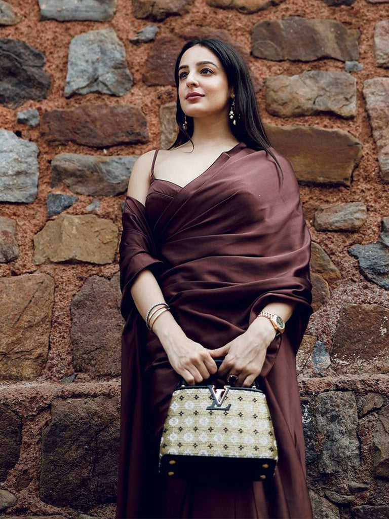 Handwoven Chocolate Brown Satin Saree
