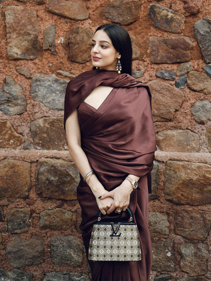 Tarini Manchanda Handwoven Chocolate Brown Satin Saree