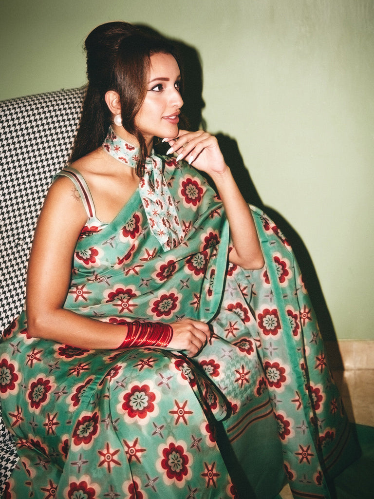 Teal Twiggy Bloom Saree