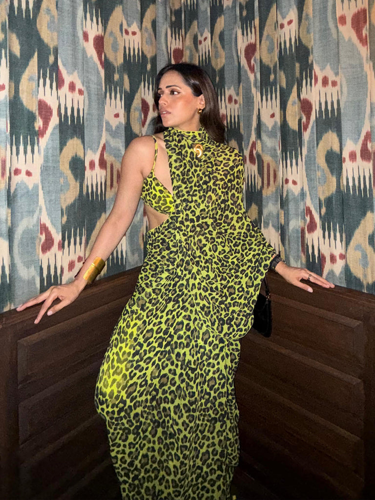 Green Leopard Print Saree