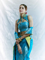 Handwoven Coral Blue Saree