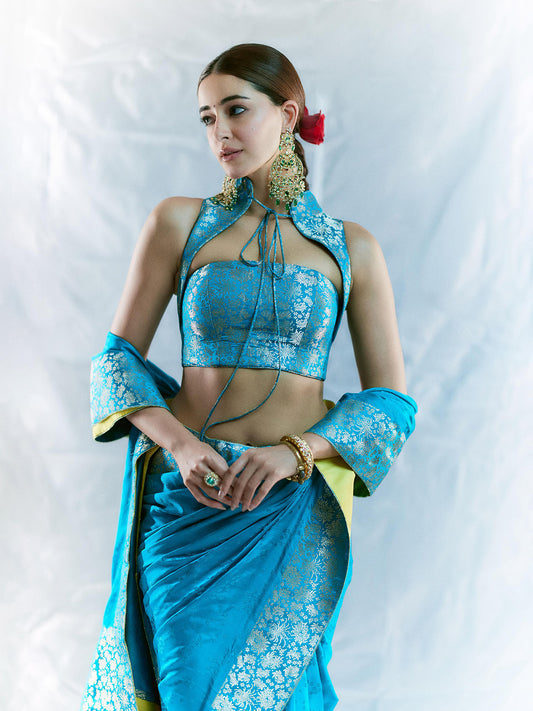 Handwoven Coral Blue Saree