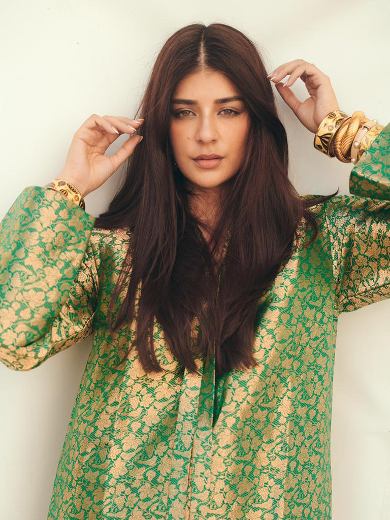 Handwoven Jade Banarasi Kaftan