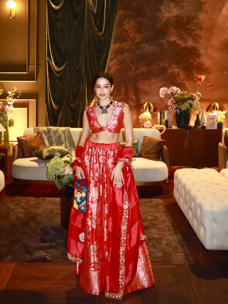 Handwoven Red Kora Banarasi Lehenga
