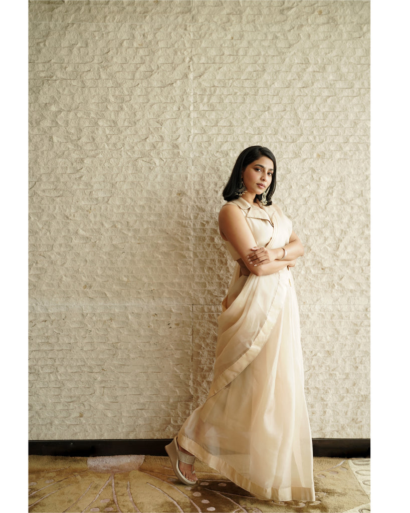 Handwoven Latte Beige Organza Saree