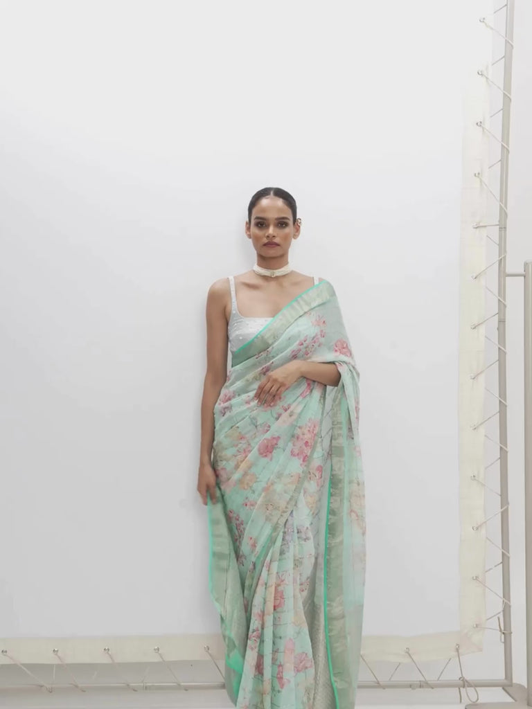 Handwoven Aqua Blue Printed Saree