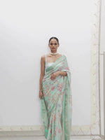 Handwoven Aqua Blue Printed Saree