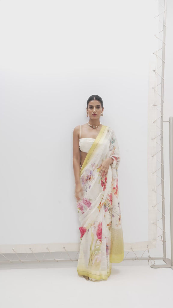Handwoven Vanilla Cream Printed Saree