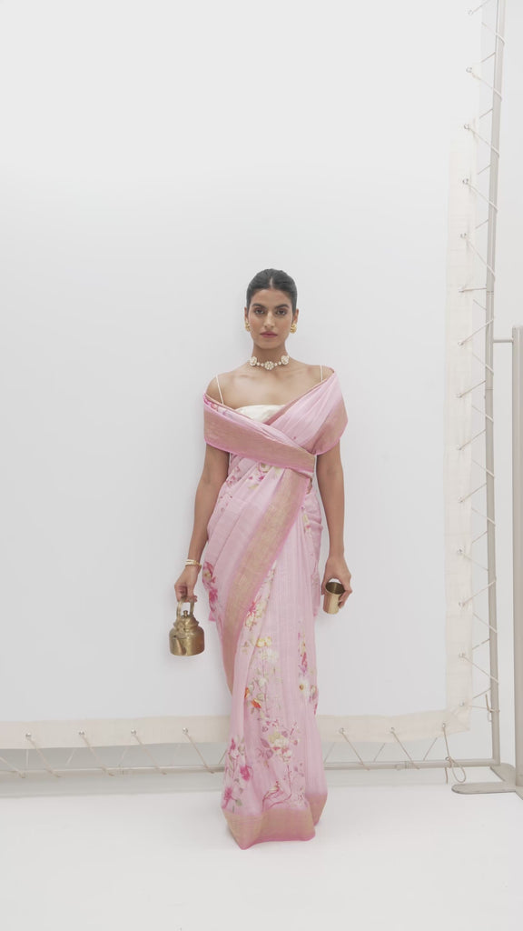 Handwoven Candy Pink Printed Saree