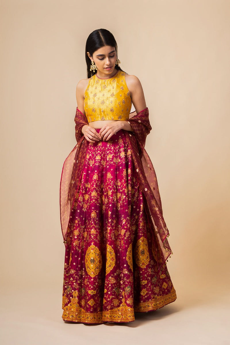 Handwoven Garnet Digital Printed Silk Lehenga