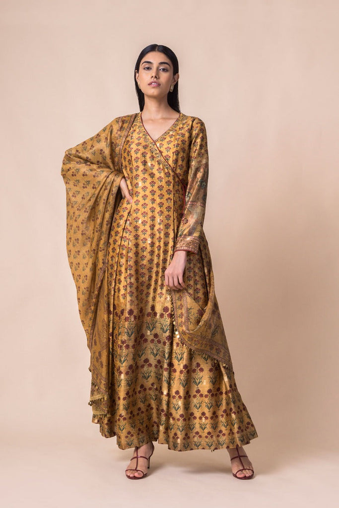 Handwoven Mustard Digital Printed Dupion Silk Angrakha Kurta With Printed Tissue Dupatta