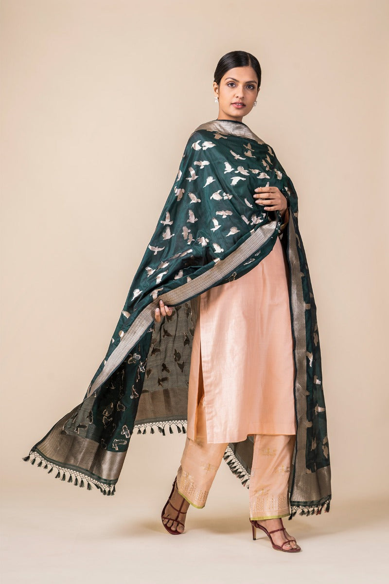 Handwoven Emerald Green Silk Dupatta by Play Clan for Ekaya