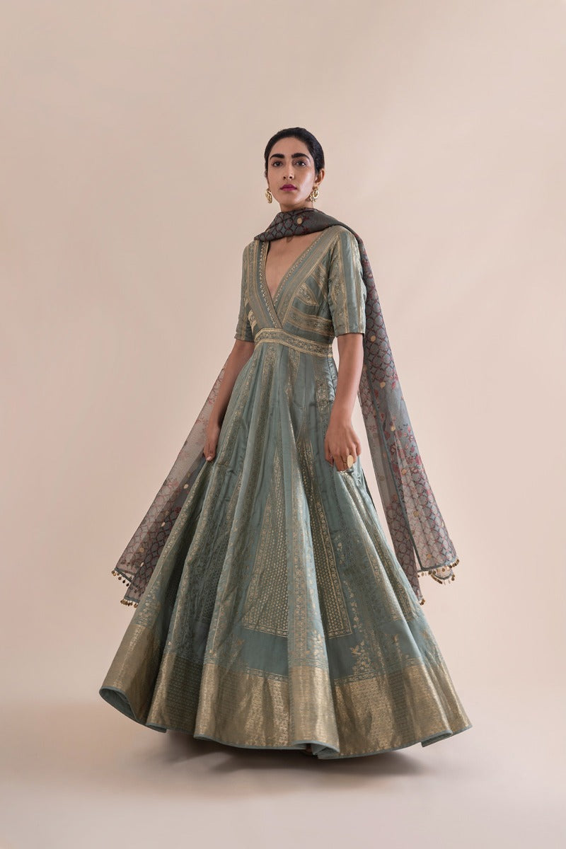 Handwoven Mint  Silk Anarkali Suit and Churidar with Dupatta