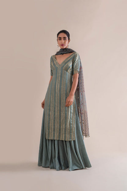 Handwoven Mint  Silk Kurta and Palazzo with Dupatta