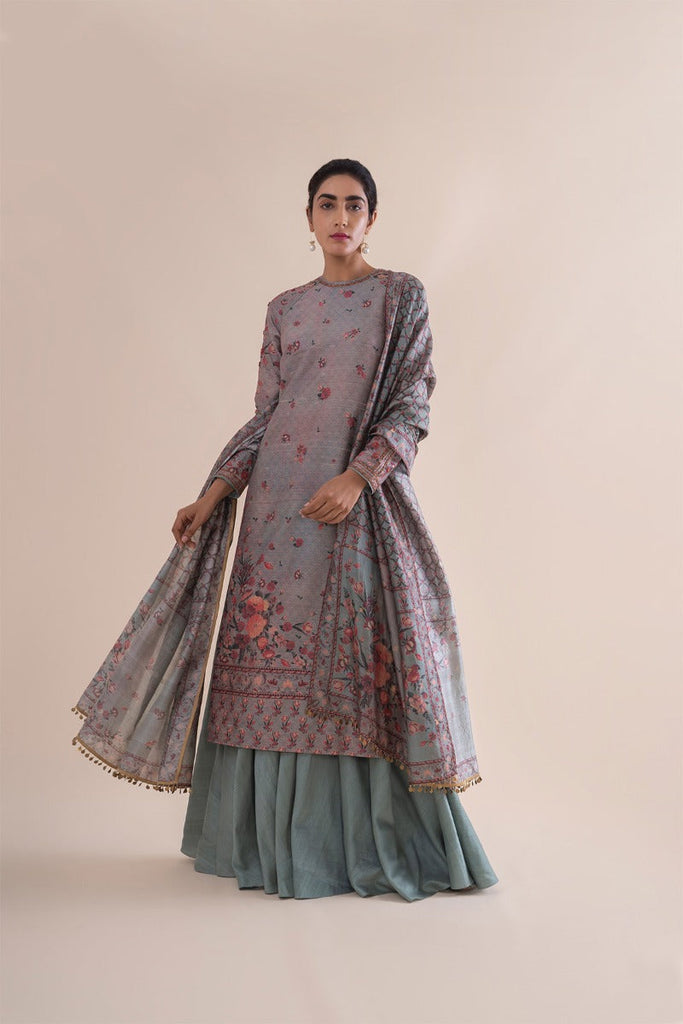 Handwoven stone grey Digital Printed Silk Kurta and palazzo With Dupatta