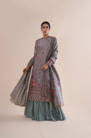 Handwoven stone grey Digital Printed Silk Kurta and palazzo With Dupatta
