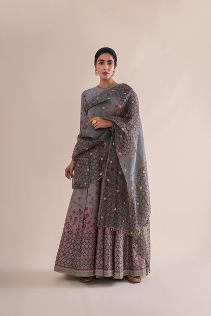 Handwoven stone grey Silk Anarkali Suit and churidar with dupatta