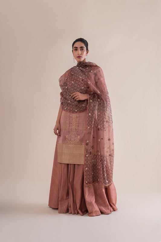 Handwoven Peach Silk Kurta and palazzo