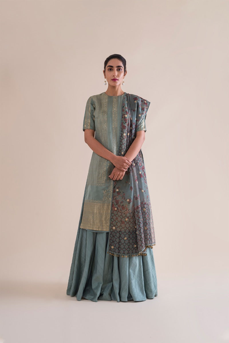 Handwoven Mint  Silk Kurta and palazzo