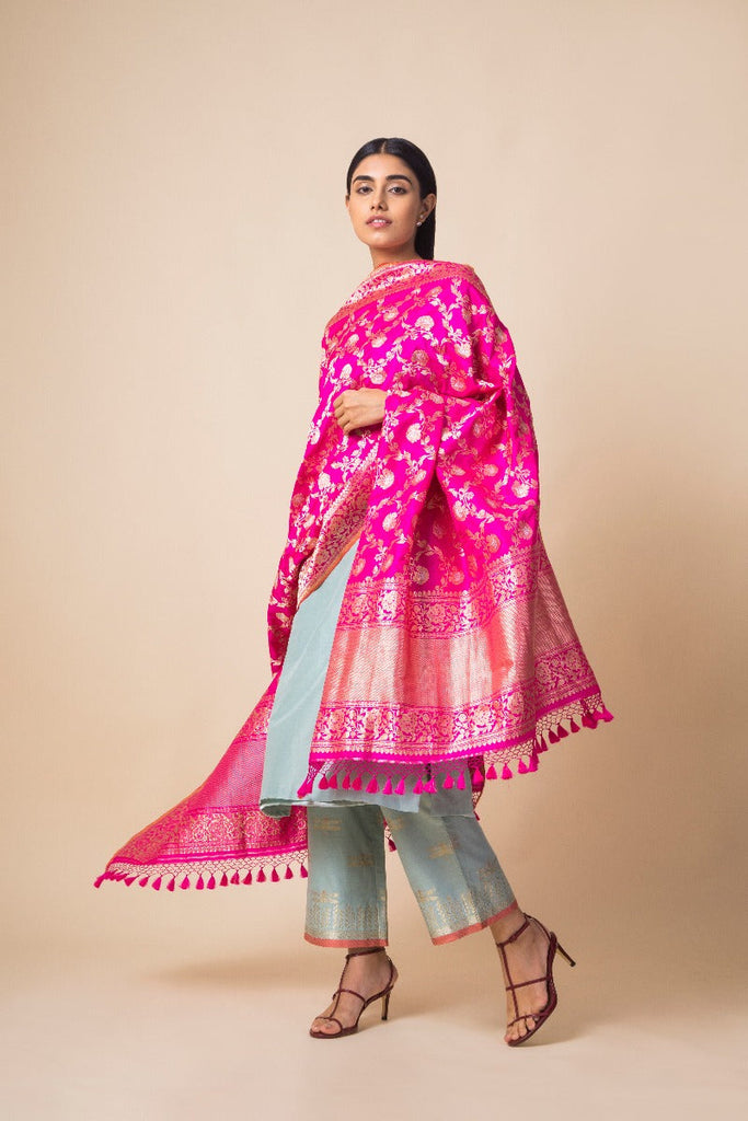 Handwoven Pink Banarasi Silk Dupatta
