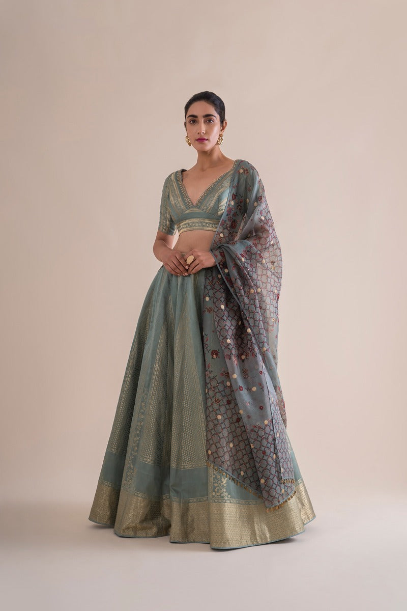 Handwoven Mint Silk Lehenga With Printed Dupatta