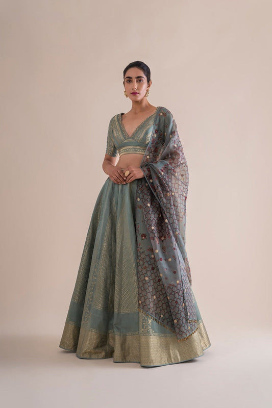 Handwoven Mint Silk Lehenga With Printed Dupatta