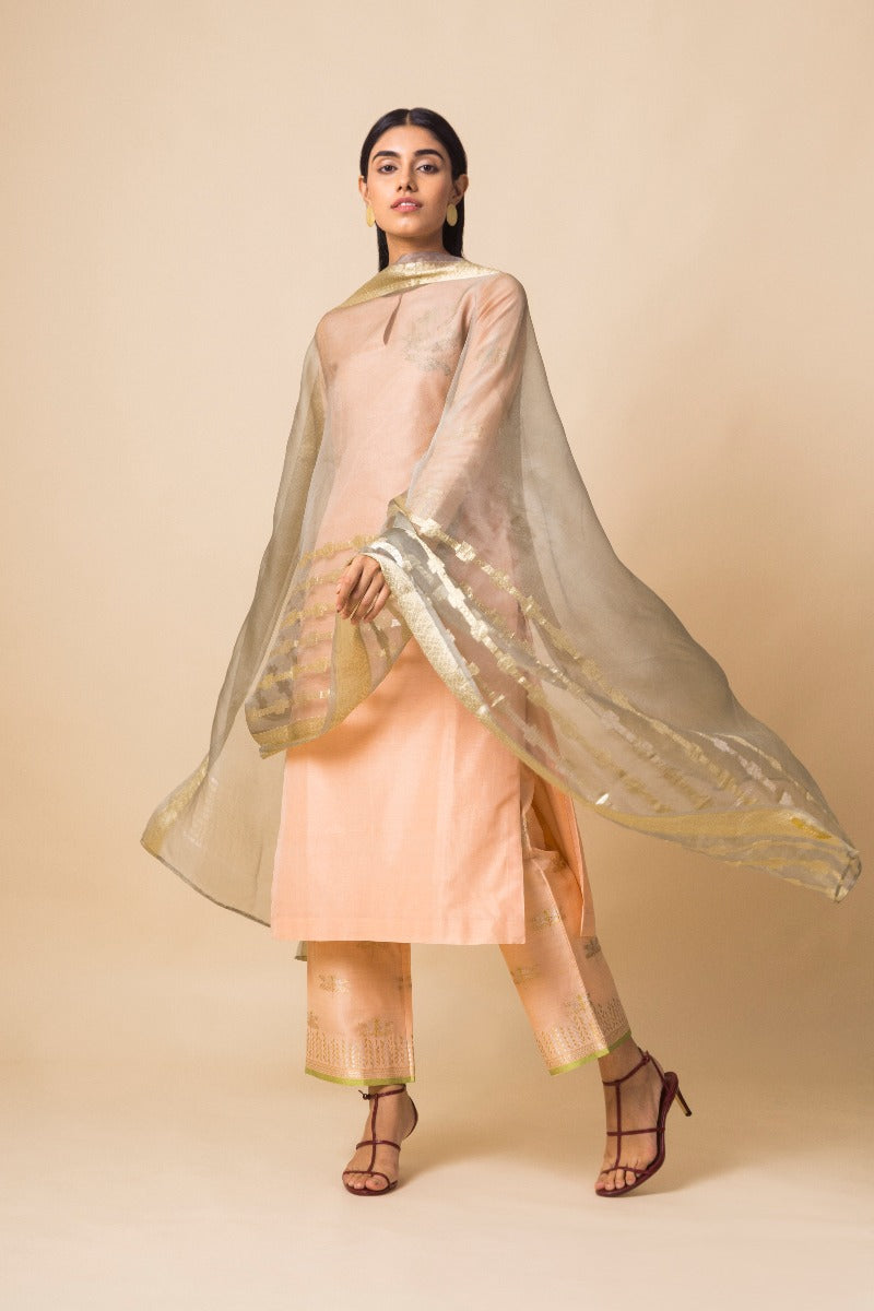 Handwoven Mint Grey Organza Dupatta