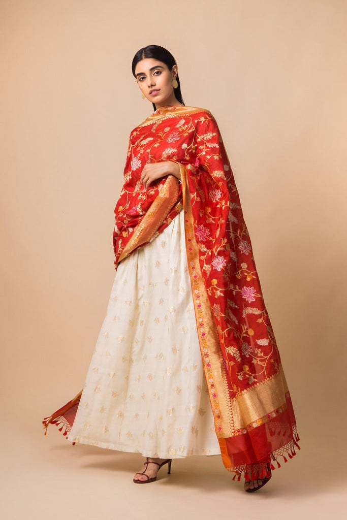 Handwoven Scarlet Banarasi Silk Dupatta