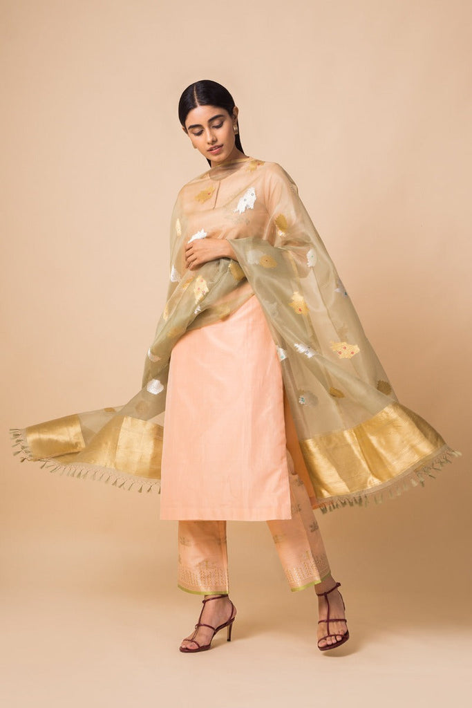 Handwoven Pista Green Organza Dupatta