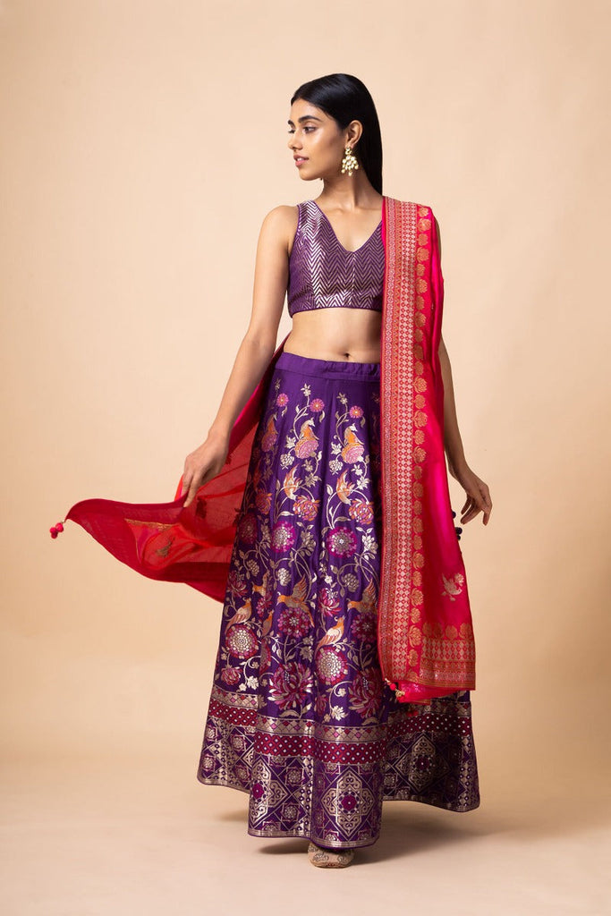 Handwoven Purple Silk Lehenga with Birds and Floral Motifs (The Crossing 2019)