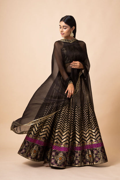 Handwoven Black Silk Chevron Lehenga (The Crossing 2019)