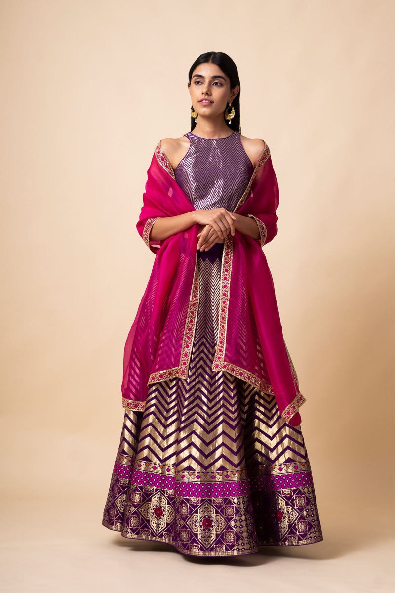 Handwoven Purple Silk Chevron Lehenga (The Crossing 2019)