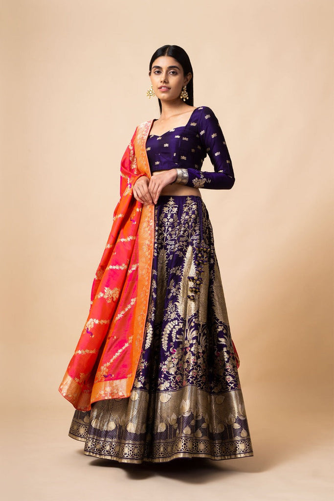 Handwoven Indigo Silk Lehenga with Lotus Flora Pattern (The Crossing 2019)