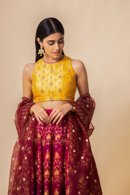 Handwoven Garnet Digital Printed Silk Lehenga