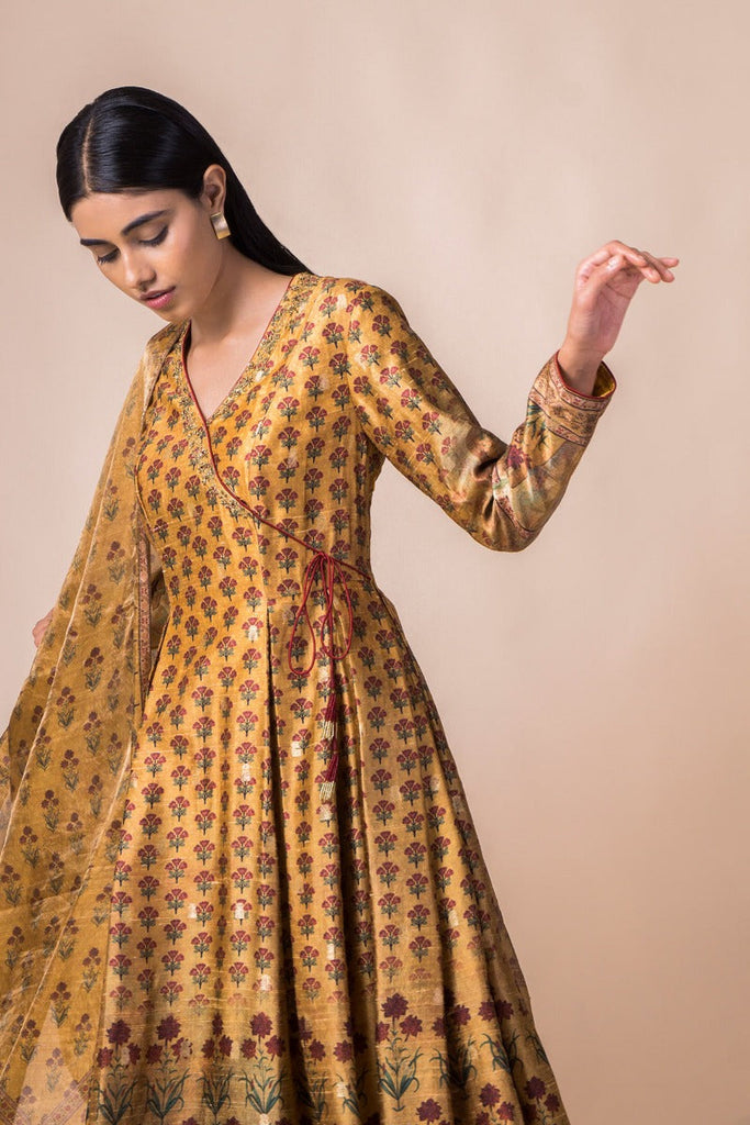 Handwoven Mustard Digital Printed Dupion Silk Angrakha Kurta With Printed Tissue Dupatta