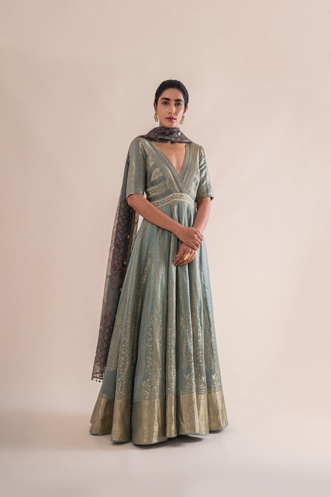 Handwoven Mint  Silk Anarkali Suit and Churidar with Dupatta