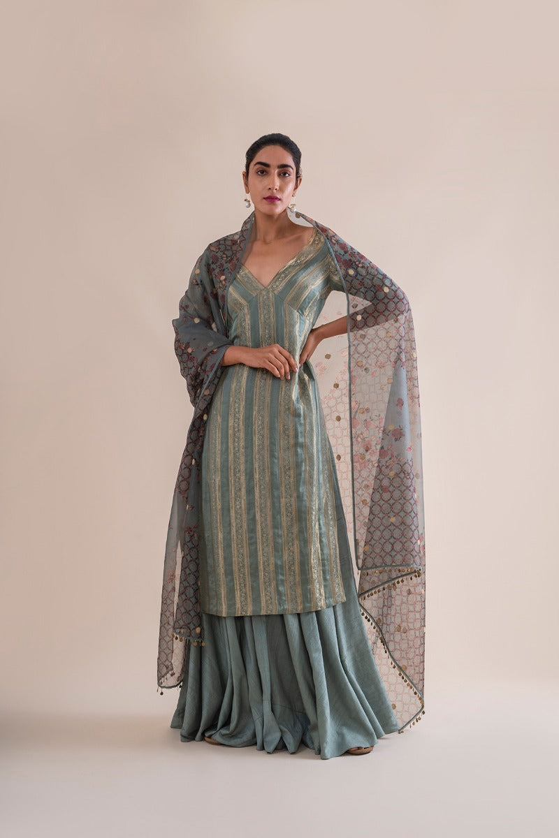 Handwoven Mint  Silk Kurta and Palazzo with Dupatta