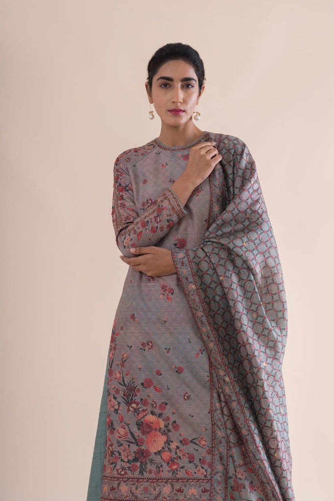 Handwoven stone grey Digital Printed Silk Kurta and palazzo With Dupatta