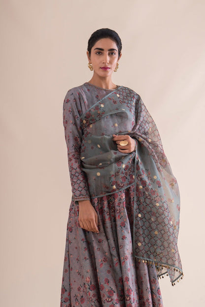Handwoven stone grey Silk Anarkali Suit and churidar with dupatta