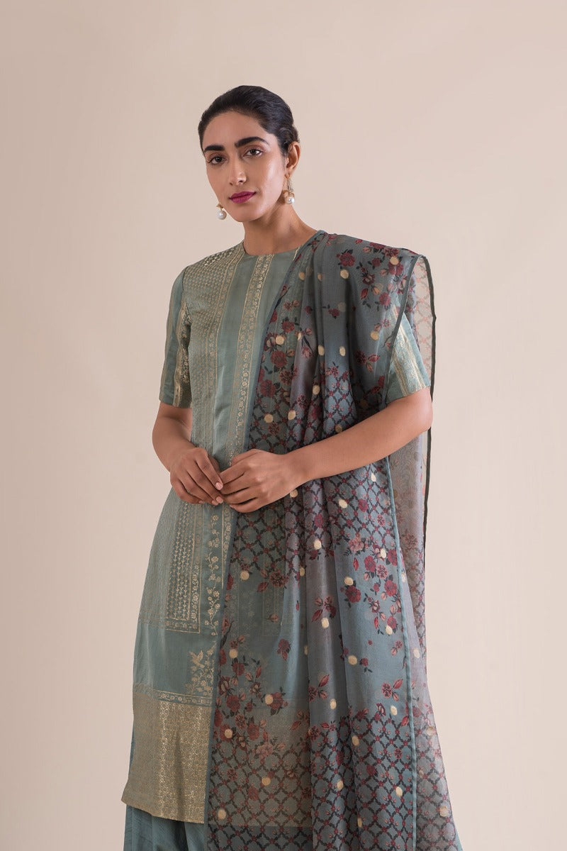 Handwoven Mint  Silk Kurta and palazzo